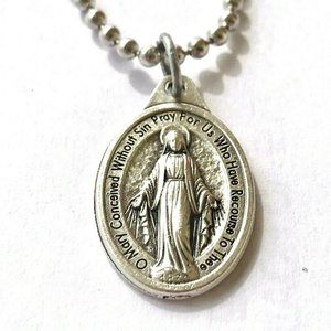 Silver Miraculous Medal Jesus Mary Necklace 22" Catholic Religious Pendant